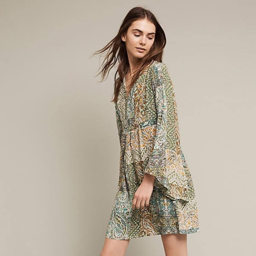 Anthropologie Floreat Amelia Green Paisley Bell Long Sleeve Mini Dress Size 0